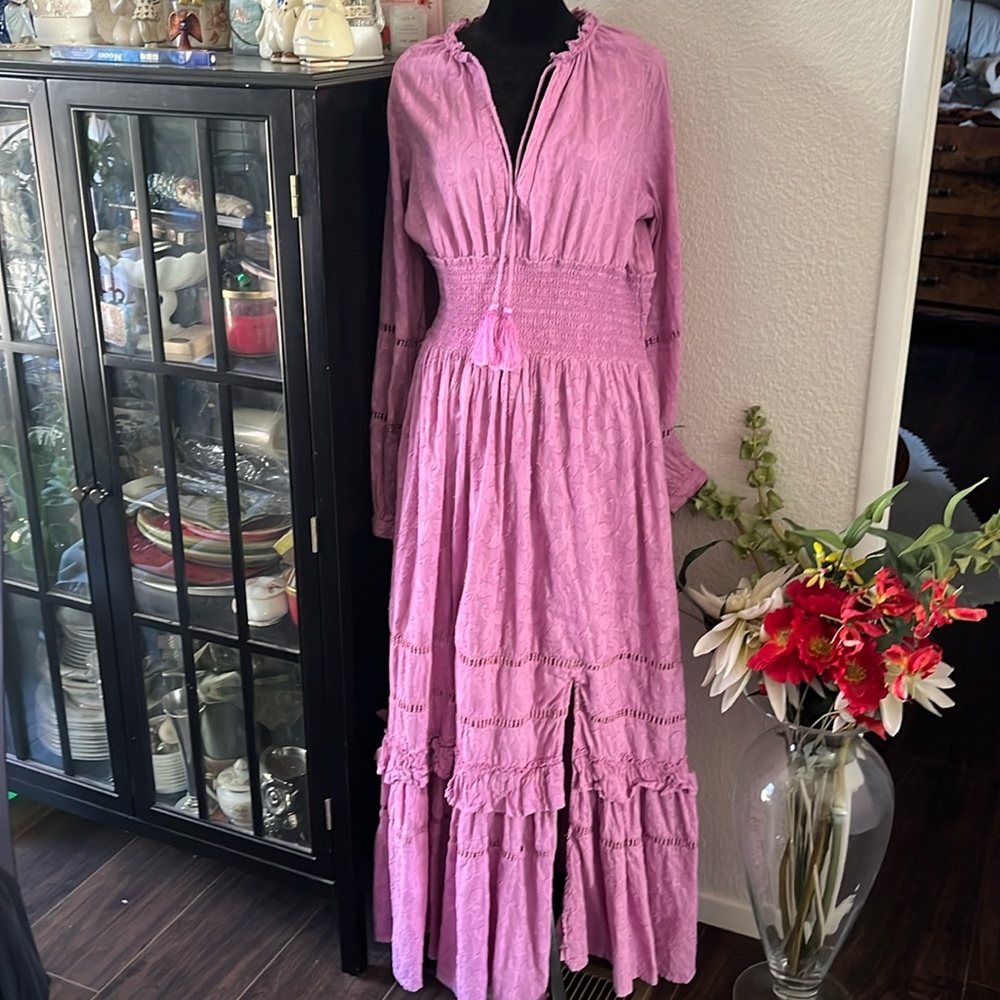 Boston Proper Purple Smocked Maxi Dress with Bishop Sleeves